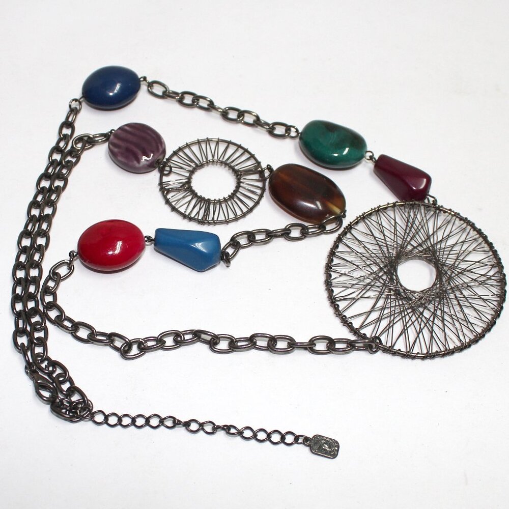 Branded Long Necklace With Chain Metal and Resin Multi Shaped Beads + Extender